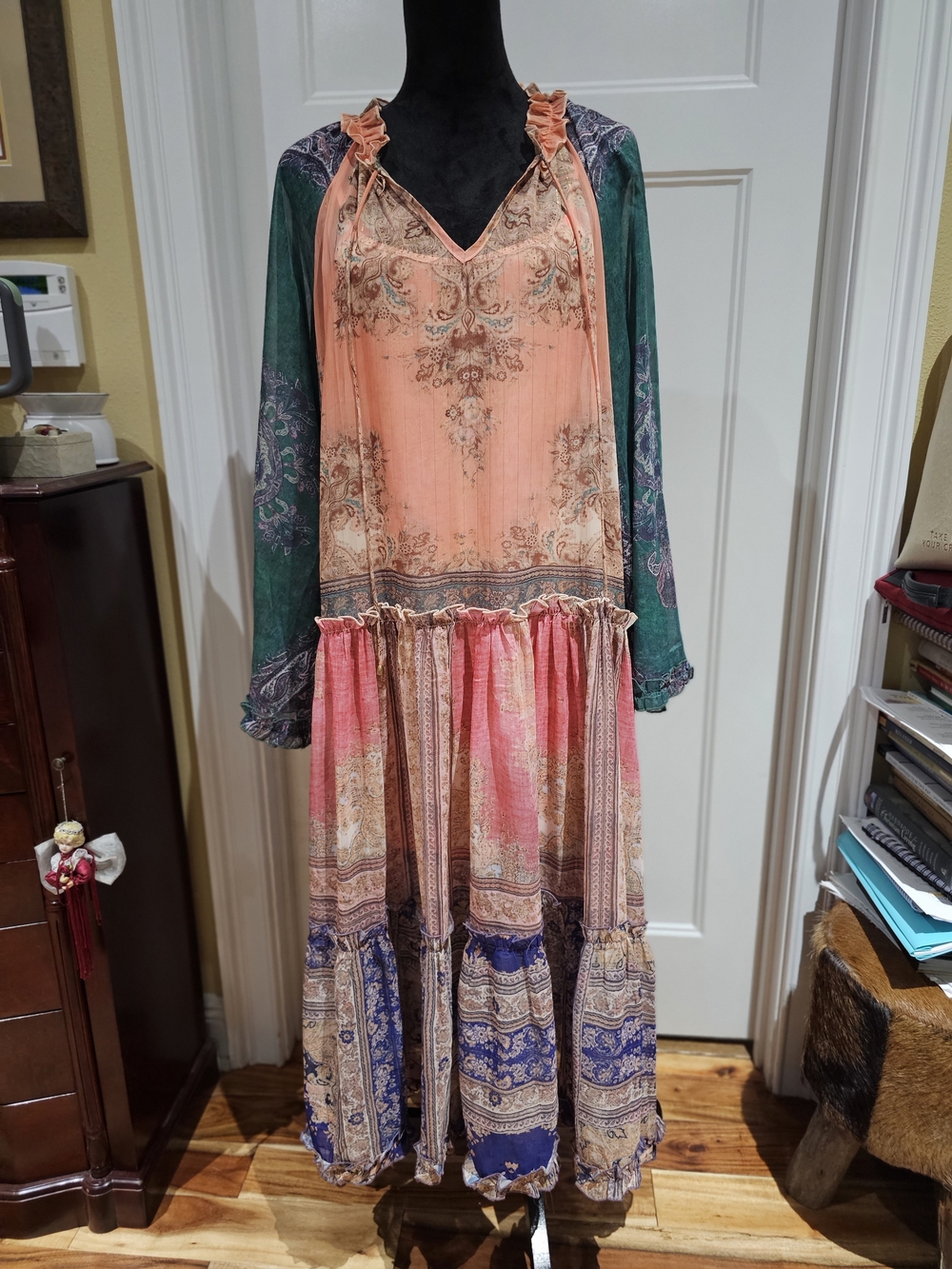 Boho Tiered Maxi Dress in Peach, Blue & Green, NWT